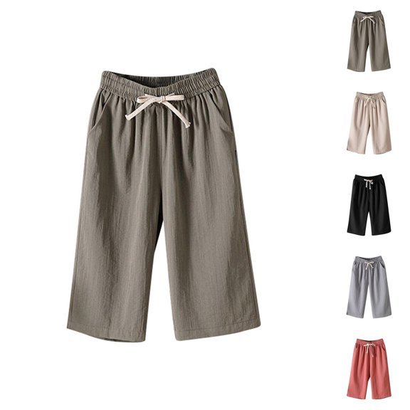 Capri Pants for Women 2025 Solid Color Elastic Waist Lightweight Casual Capris with Pockets Womens Cropped Pants