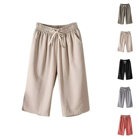 Capri Pants for Women 2025 Solid Color Elastic Waist Lightweight Casual Capris with Pockets Womens Cropped Pants