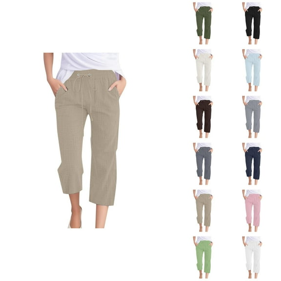 Capri Pants for Women 2025 Solid Color Elastic Waist Lightweight Casual Loose Capris with Pockets Womens Cropped Pants