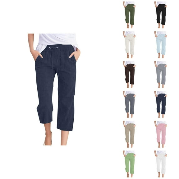Capri Pants for Women 2025 Solid Color Elastic Waist Lightweight Casual Loose Capris with Pockets Womens Cropped Pants