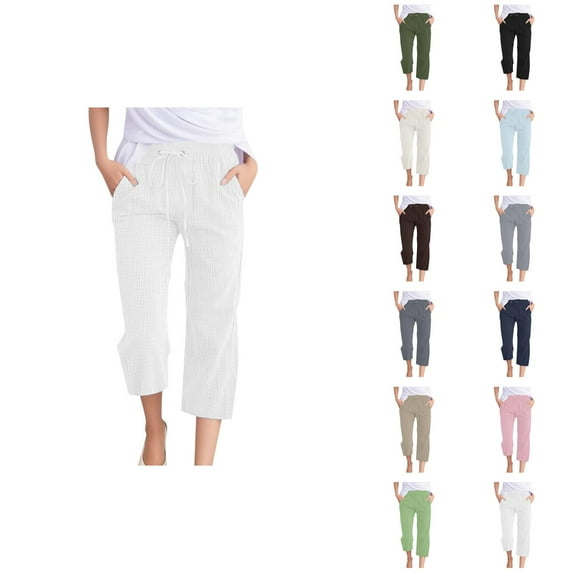Capri Pants for Women 2025 Solid Color Elastic Waist Lightweight Casual Loose Capris with Pockets Womens Cropped Pants