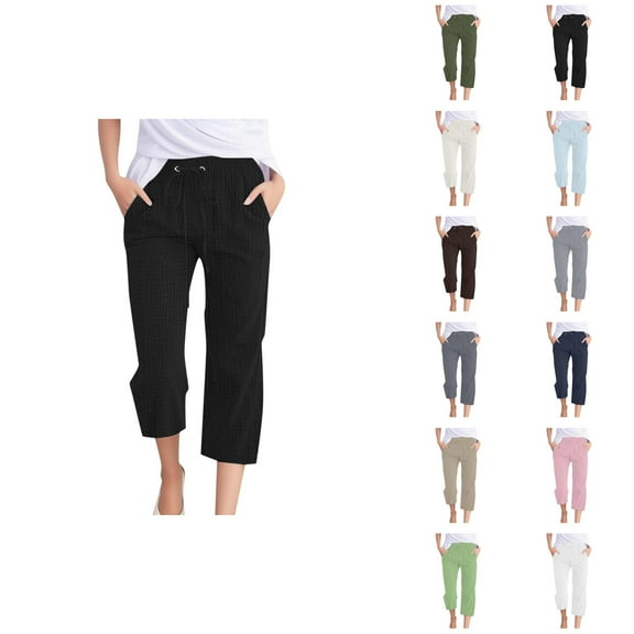 Capri Pants for Women 2025 Solid Color Elastic Waist Lightweight Casual Loose Capris with Pockets Womens Cropped Pants