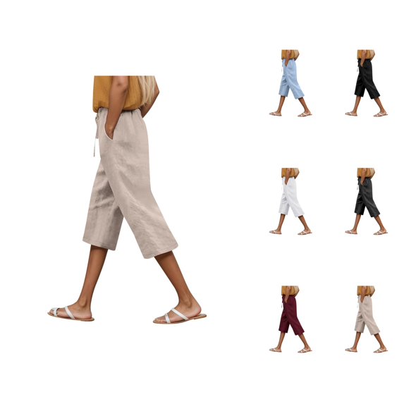 Capri Pants for Women 2025 Solid Color Elastic Waist Lightweight Loose Capris with Pockets Womens Cropped Pants