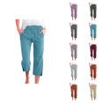 thumbnail image 1 of Capri Pants for Women 2025 Solid Color Elastic Waist Linen Straight Leg Capris with Pockets Womens Cropped Pants, 1 of 5