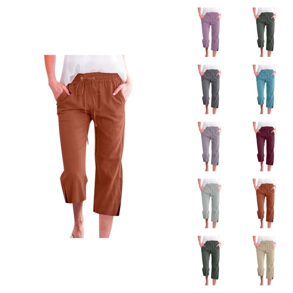 Capri Pants for Women 2025 Solid Color Elastic Waist Linen Straight Leg Capris with Pockets Womens Cropped Pants