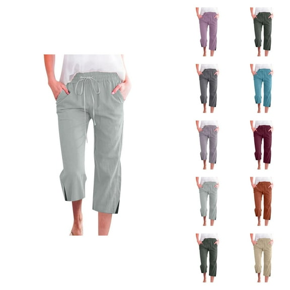 Capri Pants for Women 2025 Solid Color Elastic Waist Linen Straight Leg Capris with Pockets Womens Cropped Pants