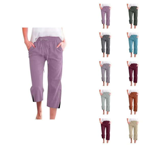 Capri Pants for Women 2025 Solid Color Elastic Waist Linen Straight Leg Capris with Pockets Womens Cropped Pants