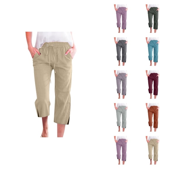 Capri Pants for Women 2025 Solid Color Elastic Waist Linen Straight Leg Capris with Pockets Womens Cropped Pants