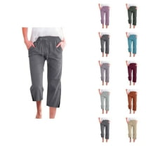 Capri Pants for Women 2025 Solid Color Elastic Waist Linen Straight Leg Capris with Pockets Womens Cropped Pants