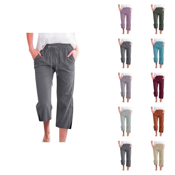 Capri Pants for Women 2025 Solid Color Elastic Waist Linen Straight Leg Capris with Pockets Womens Cropped Pants