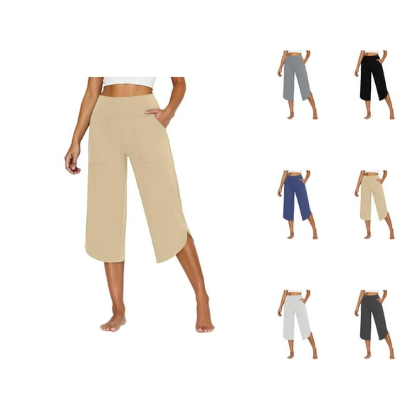 Capri Pants for Women 2025 Solid Color High Waisted Loose Wide Leg Yoga Capris with Pockets Womens Cropped Pants