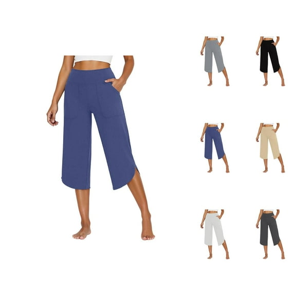Capri Pants for Women 2025 Solid Color High Waisted Loose Wide Leg Yoga Capris with Pockets Womens Cropped Pants
