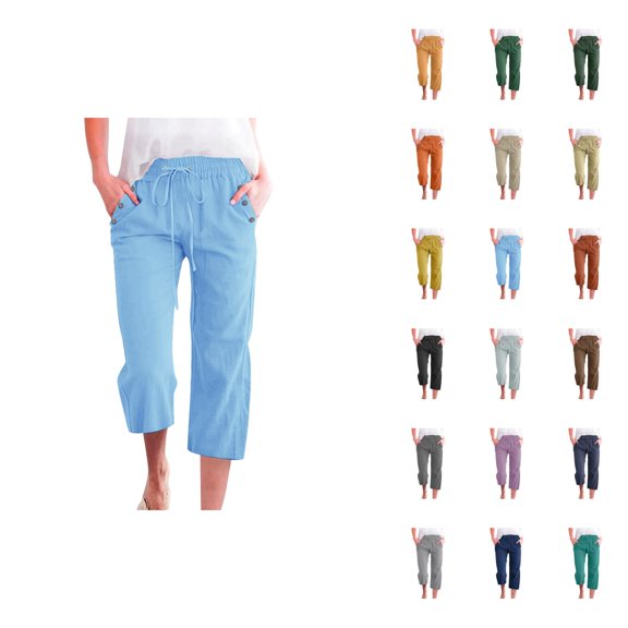 Capri Pants for Women 2025 Solid Color Lightweight Linen Loose Fit Casual Capris with Pockets Womens Cropped Pants