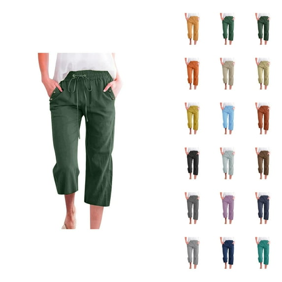 Capri Pants for Women 2025 Solid Color Lightweight Linen Loose Fit Casual Capris with Pockets Womens Cropped Pants