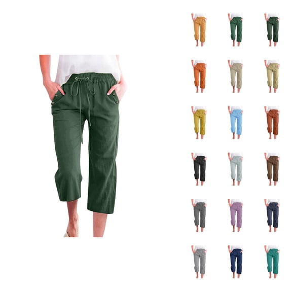 Capri Pants for Women 2025 Solid Color Lightweight Linen Loose Fit Casual Capris with Pockets Womens Cropped Pants