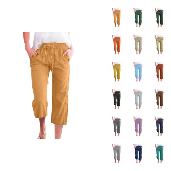Capri Pants for Women 2025 Solid Color Lightweight Linen Loose Fit Casual Capris with Pockets Womens Cropped Pants
