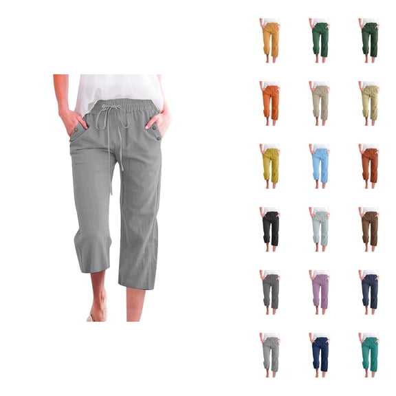 Capri Pants for Women 2025 Solid Color Lightweight Linen Loose Fit Casual Capris with Pockets Womens Cropped Pants