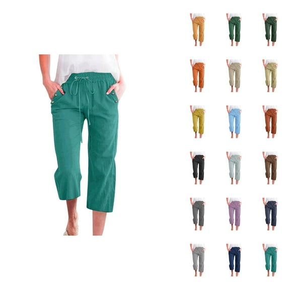 Capri Pants for Women 2025 Solid Color Lightweight Linen Loose Fit Casual Capris with Pockets Womens Cropped Pants