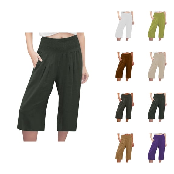 Capri Pants for Women 2025 Solid Color Linen Elastic Waist Casual Loose Capris with Pockets Womens Cropped Pants