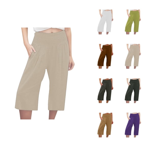 Capri Pants for Women 2025 Solid Color Linen Elastic Waist Casual Loose Capris with Pockets Womens Cropped Pants