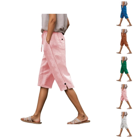 Capri Pants for Women 2025 Solid Color Linen Elastic Waisted Casual Loose Capris with Pockets Womens Cropped Pants