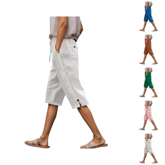 Capri Pants for Women 2025 Solid Color Linen Elastic Waisted Casual Loose Capris with Pockets Womens Cropped Pants