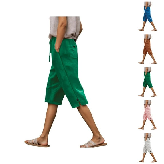 Capri Pants for Women 2025 Solid Color Linen Elastic Waisted Casual Loose Capris with Pockets Womens Cropped Pants