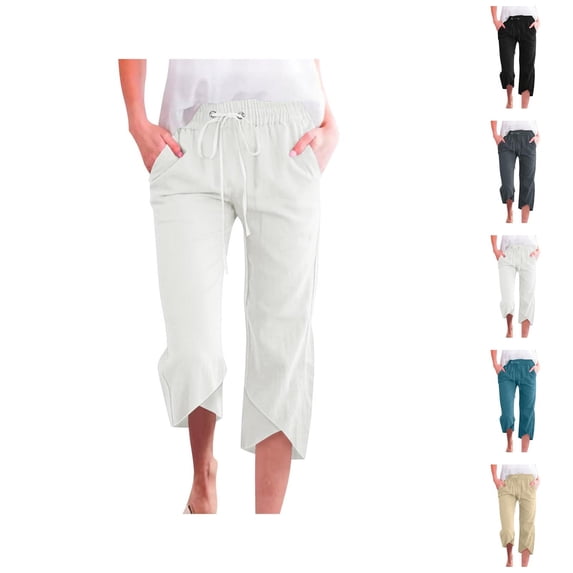 Capri Pants for Women 2025 Solid Color Linen Straight Leg Casual Loose Capris with Pockets Womens Cropped Pants