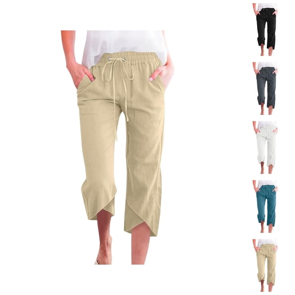 Capri Pants for Women 2025 Solid Color Linen Straight Leg Casual Loose Capris with Pockets Womens Cropped Pants