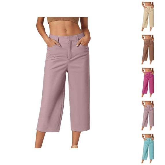 Capri Pants for Women 2025 Solid Color Wide Straight Leg Casual Loose Workout Capris with Pockets Womens Cropped Pants