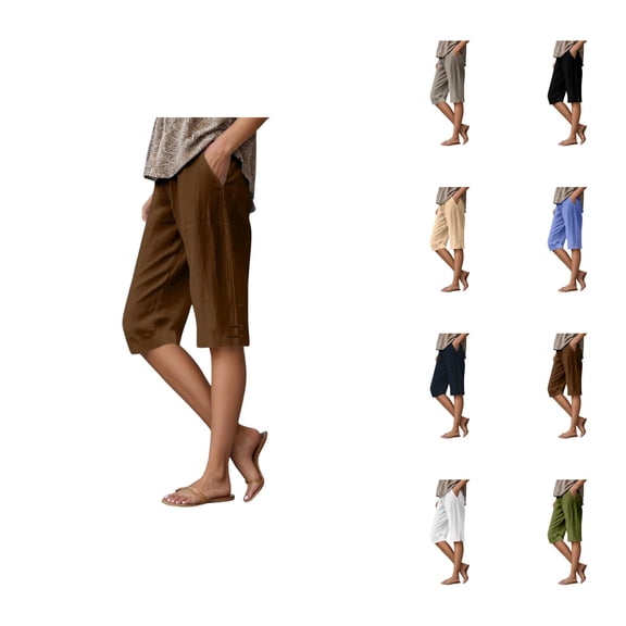 Capri Pants for Women 2025 Summer Elastic Waist Straight Leg Loose Linen Capris with Pockets Womens Cropped Pants