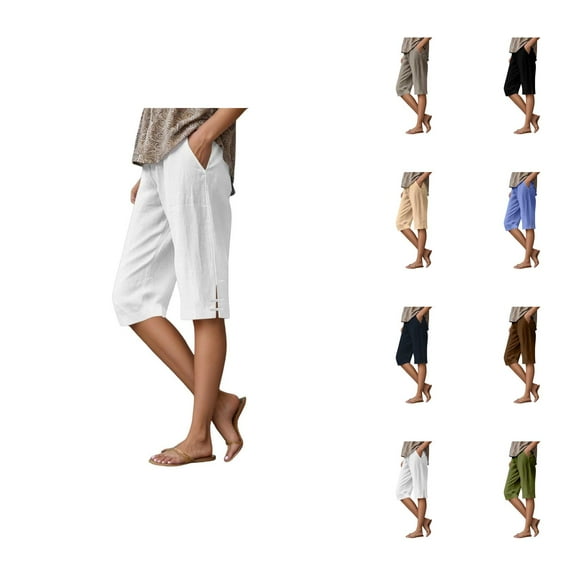 Capri Pants for Women 2025 Summer Elastic Waist Straight Leg Loose Linen Capris with Pockets Womens Cropped Pants