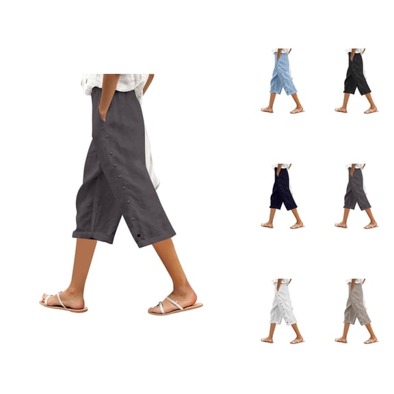 Capri Pants for Women 2025 Summer Lightweight Wide Leg Button Loose Casual Capris with Pockets Womens Cropped Pants