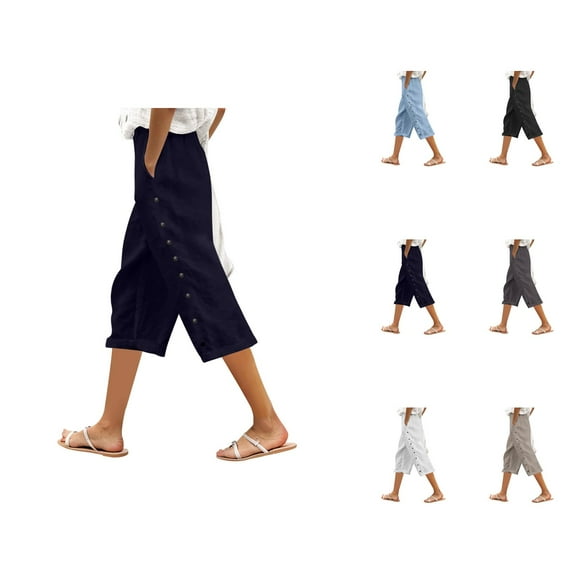 Capri Pants for Women 2025 Summer Lightweight Wide Leg Button Loose Casual Capris with Pockets Womens Cropped Pants