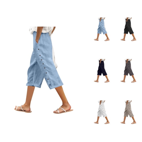Capri Pants for Women 2025 Summer Lightweight Wide Leg Button Loose Casual Capris with Pockets Womens Cropped Pants