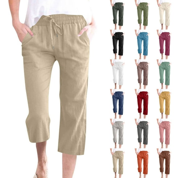 Capri Pants for Women 2026 Summer Drawstring Elastic High Waist Casual Capris Straight Wide Leg Cotton Linen Pants, Hot Pink 21" Inseam 2XL