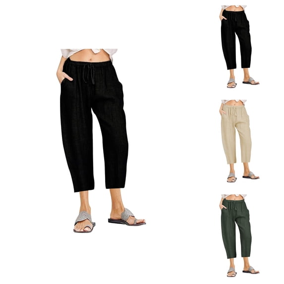 Capri Pants for Women 2026 Summer Elastic High Waist Drawstring Straight Leg Loose Casual Cropped Pants with Pockets