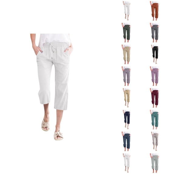 Capri Pants for Women 2026 Summer Elastic Waist Drawstring Wide Straight Leg Loose Casual Cropped Pants with Pockets