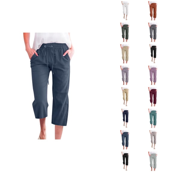 Capri Pants for Women 2026 Summer Elastic Waist Drawstring Wide Straight Leg Loose Casual Cropped Pants with Pockets
