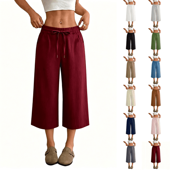 Capri Pants for Women 2026 Summer Petite Cotton Linen Casual Straight Drawstring Elastic Waist Cropped Trousers Wine S