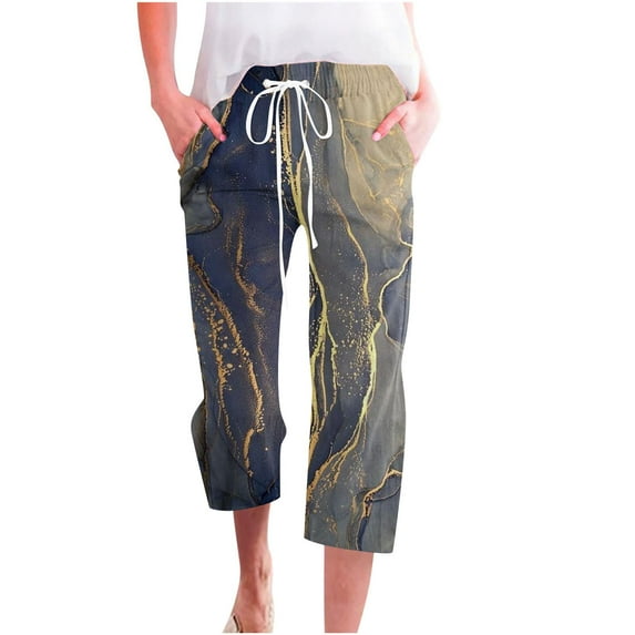 Capri Pants for Women Boho Floral Beach Capris Drawstring Elastic Waist Baggy Lightweight Womens Cropped Trousers