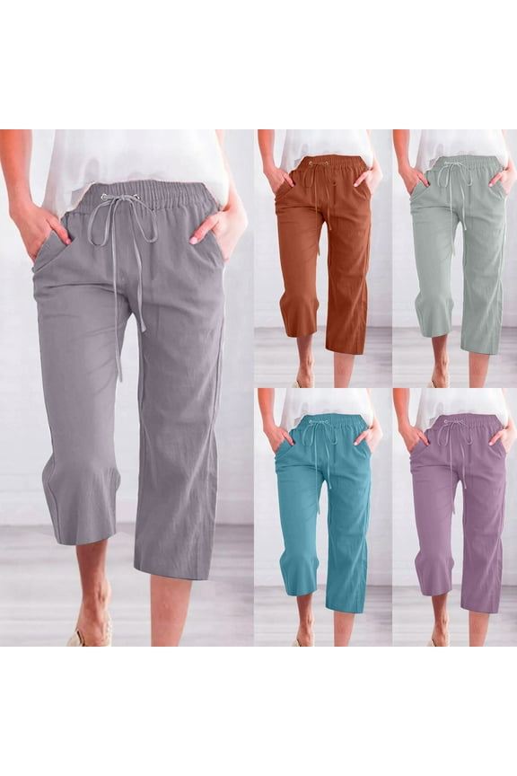 Capri Pants for Women Casual 2024 Summer Linen Pant Drawstring Elastic Waist Pant Straight Wide Leg Cropped Trousers