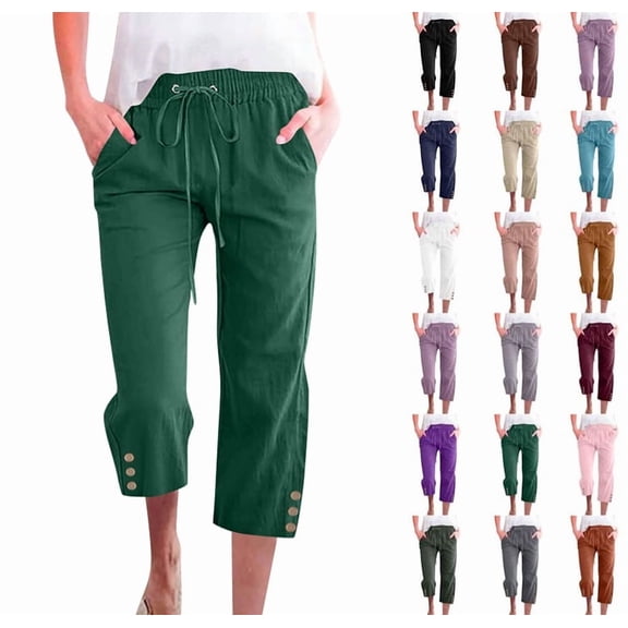 Capri Pants for Women Casual 2025 Summer Drawstring Elastic High Waist Linen Pant Straight Wide Leg Cropped Trouser Dark Green XL