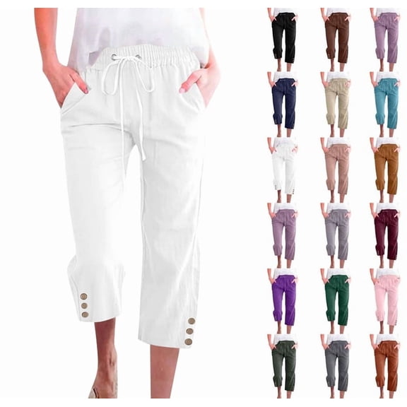 Capri Pants for Women Casual 2025 Summer Drawstring Elastic High Waist Linen Pant Straight Wide Leg Cropped Trouser White L