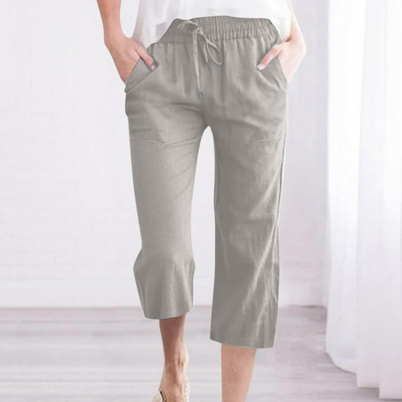 Capri Pants for Women Casual Summer Drawstring Elastic Waist Linen Pant Straight Wide Leg Pocket Cropped Trouser, Limited Time Clearance Under 10 Dollars