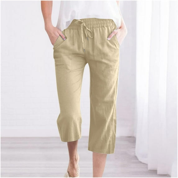 Capri Pants for Women Casual 2025 Summer Drawstring Elastic Waist Linen Pant Straight Wide Leg Pocket Cropped Trouser