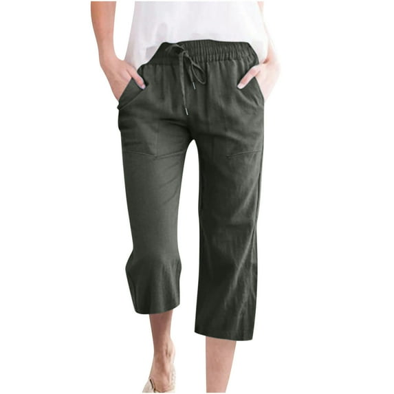 Capri Pants for Women Casual Summer Elastic High Waist Cotton Linen Pant Straight Wide Leg Capris Cropped Trouser