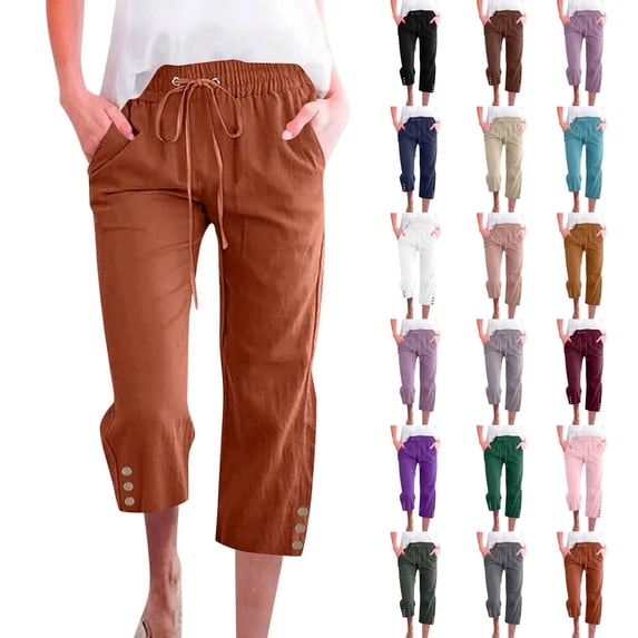 Capri Pants for Women Casual 2026 Summer Drawstring Elastic High Waist Linen Pant Straight Wide Leg Cropped Trouser Light Brown L