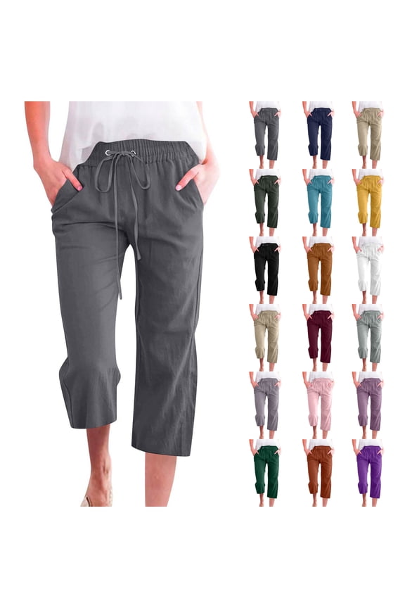 Capri Pants for Women Casual 2026 Summer Drawstring Elastic High Waist Linen Pants Wide Leg Plus Size Lounge Capri, Light Gray 20" Inseam S
