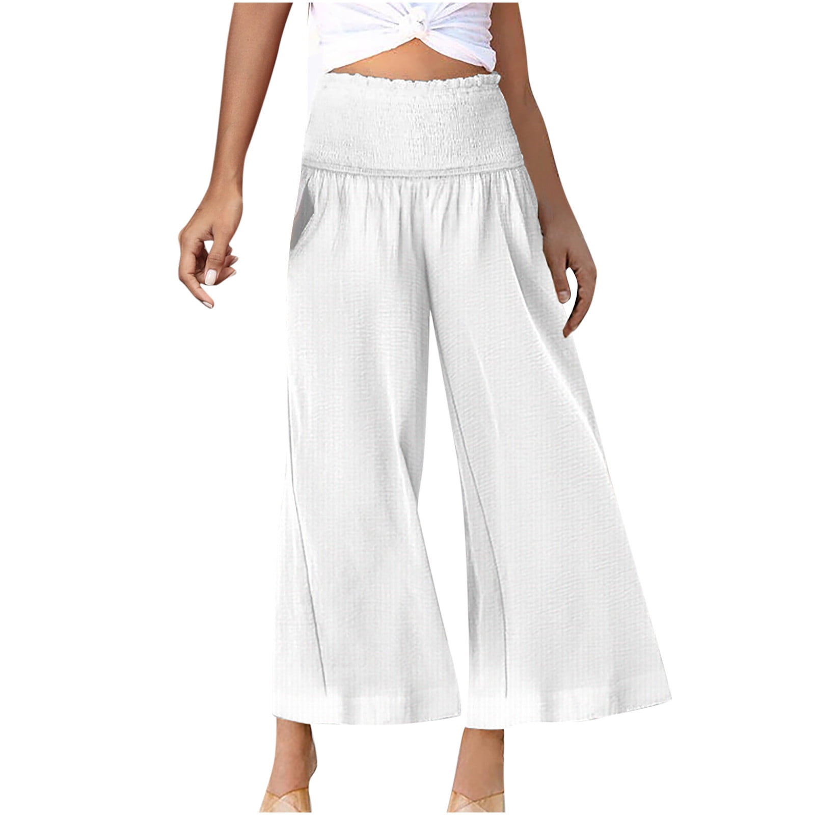 Capri Pants for Women Casual Loose Elastic Waist Cropped Wide Leg Pants  High Elastic Palazzo Trousers with Pockets Capris